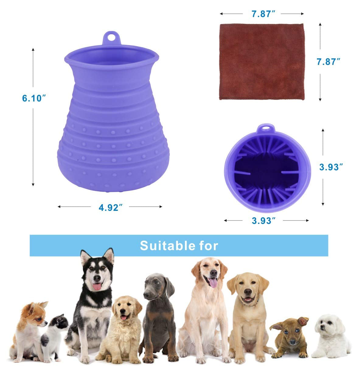 Dog Paw Cleaner Cup with Towel - Portable Pet Foot Washer and Grooming Brush for Dogs and Cats (Purple)