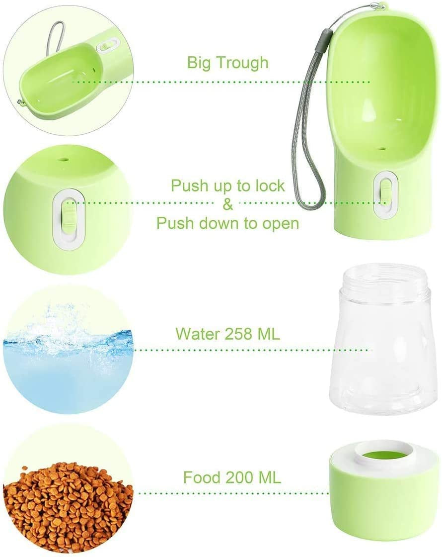 Portable Dog Water Bottle with Food Container Dishwasher Safe-Green | 3 IN1 Drinking Bottle for Pet Puppy Outdoor Walking Hiking Travel | Leak Proof Dog Water Dispenser with Bowl BPA Free
