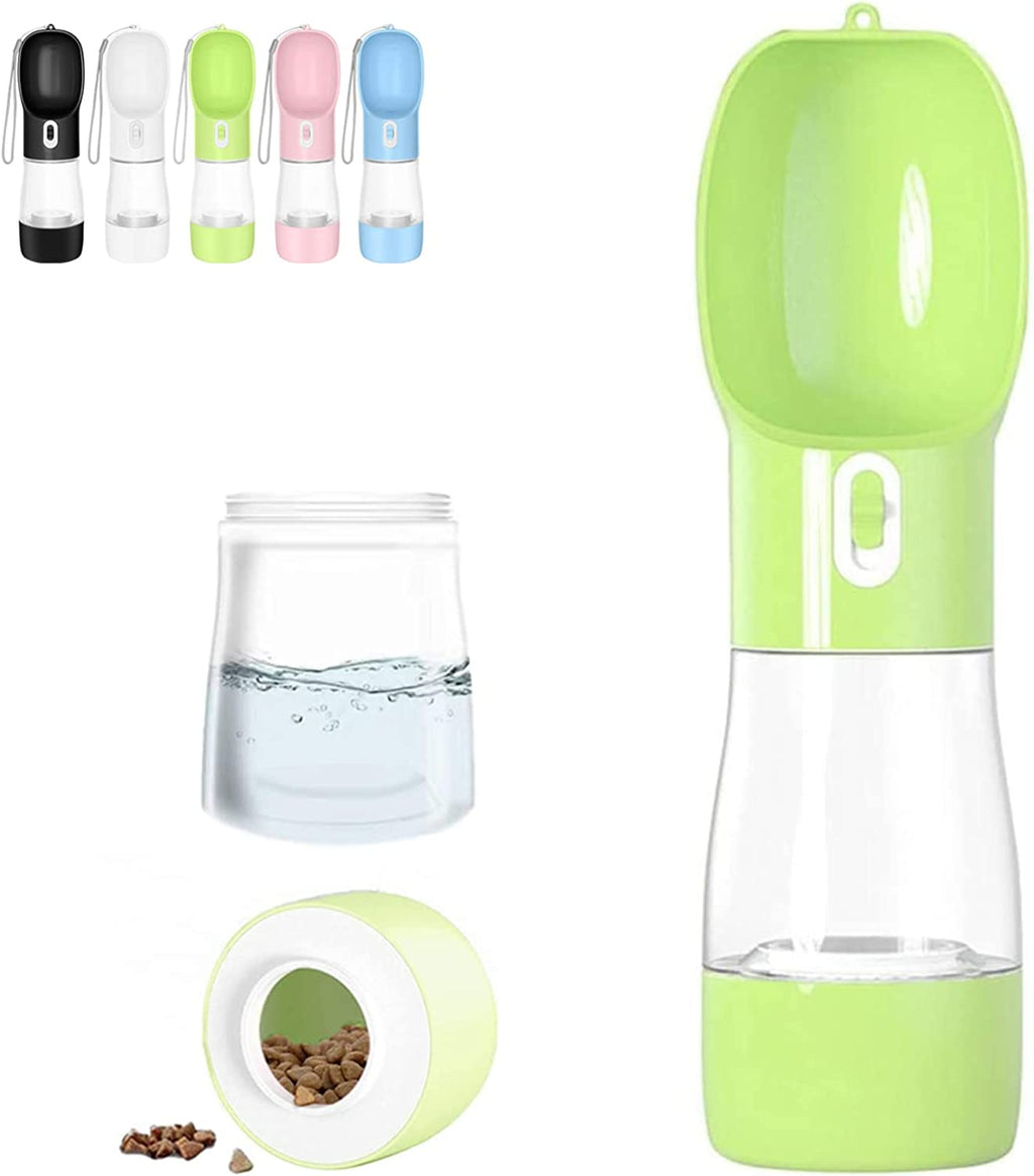 Portable Dog Water Bottle with Food Container Dishwasher Safe-Green | 3 IN1 Drinking Bottle for Pet Puppy Outdoor Walking Hiking Travel | Leak Proof Dog Water Dispenser with Bowl BPA Free
