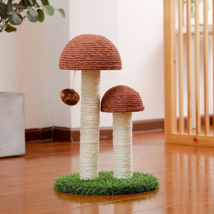 19-Inch Brown Sisal Cat Scratching Post with Dual Mushroom Design for Kittens and Small Cats