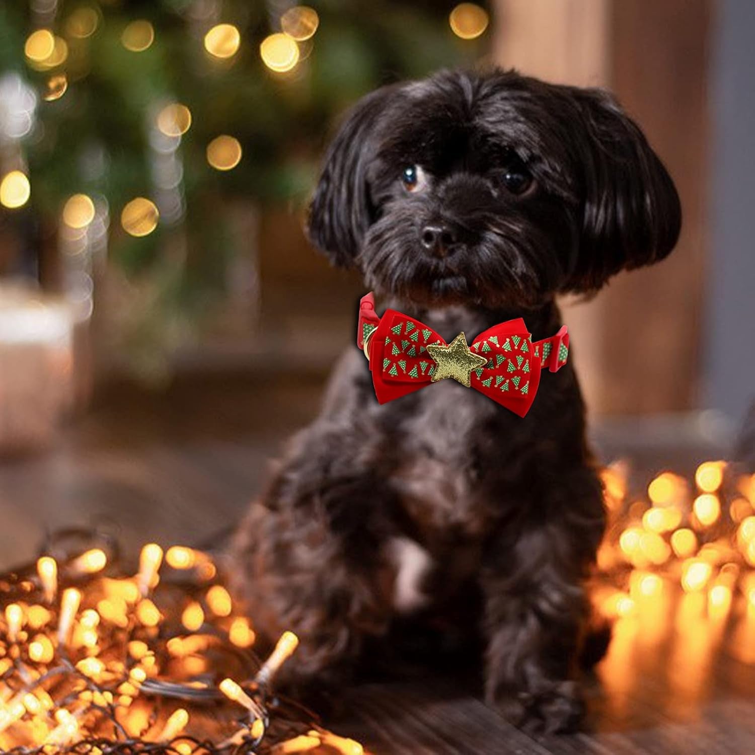 Christmas Dog Collar with Bow Tie - Adjustable Festival Green Tree Collar for Medium Dogs