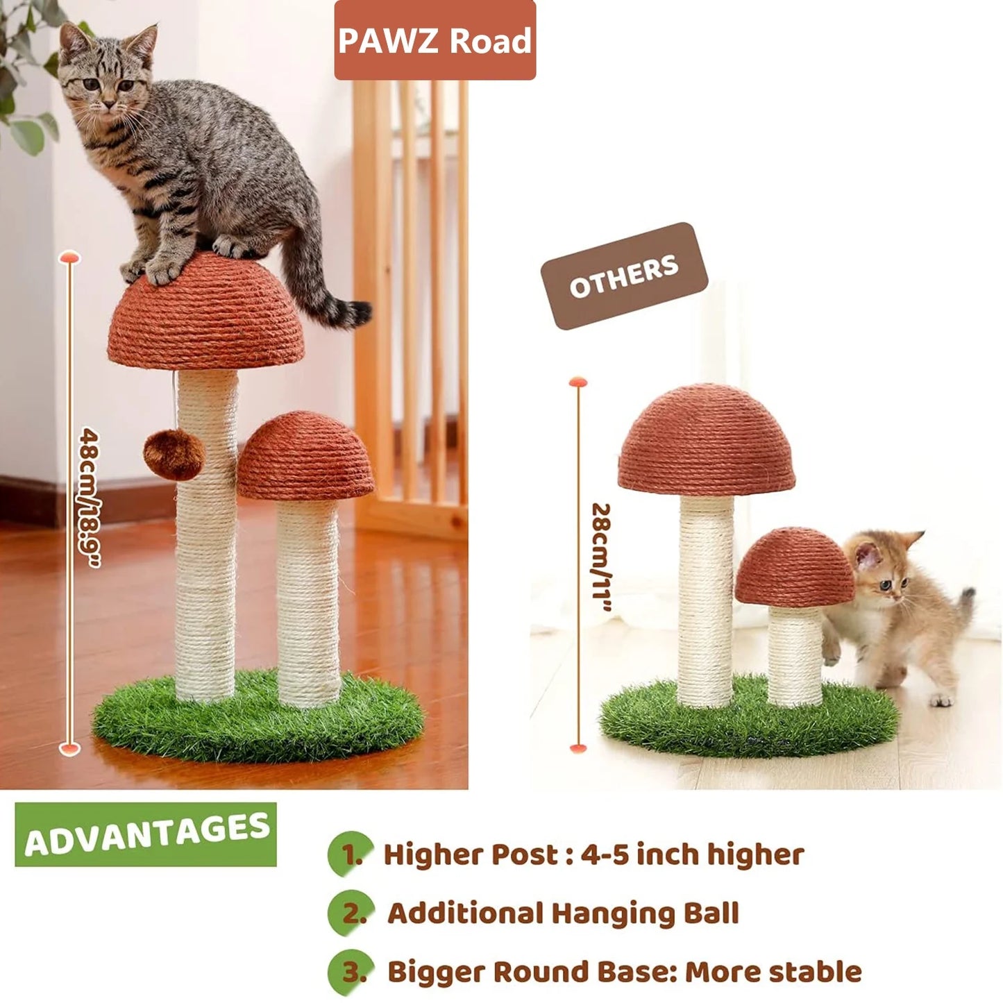 19-Inch Brown Sisal Cat Scratching Post with Dual Mushroom Design for Kittens and Small Cats