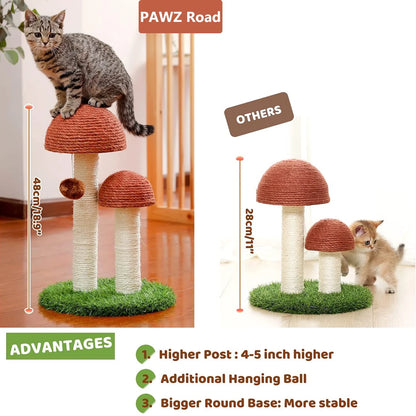 19-Inch Brown Sisal Cat Scratching Post with Dual Mushroom Design for Kittens and Small Cats