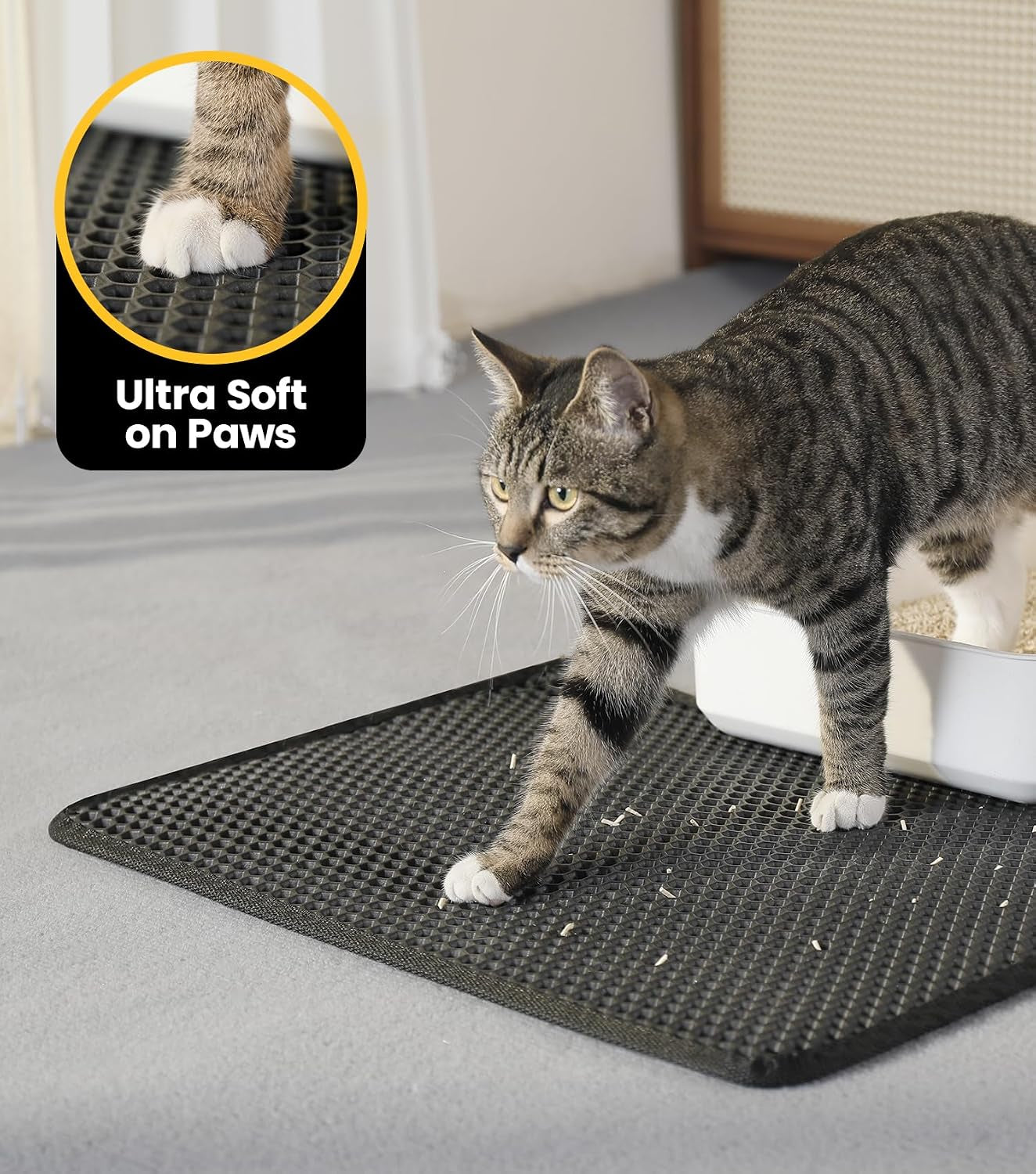 Cat Litter Mat Compact Size 23.6"X14.6" for Small Spaces, Upgrade Waterproof Leakproof Back Layer, Honeycomb Trapping Mat, Washable, Easy to Clean, Scatter Control Kitty Litter Matt, Black