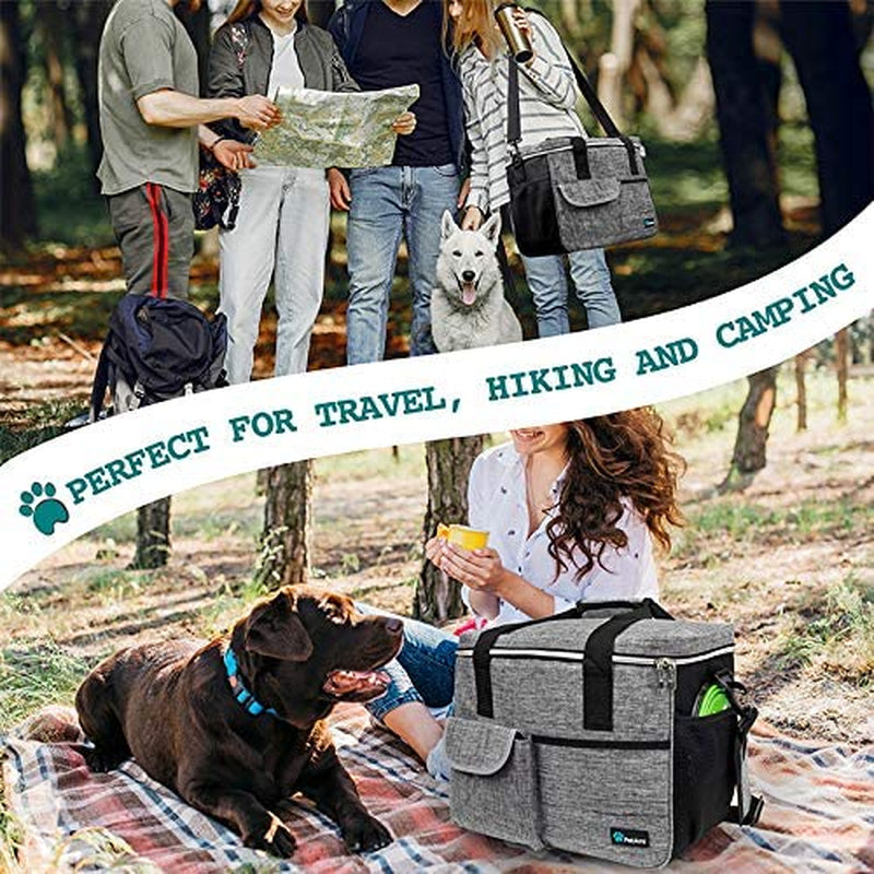 Dog Travel Bag Organizer, Pet Supplies Tote Diaper Bag, Gray Large | Pet Travel Kit with 2 Food Containers & 2 Collapsible Dog Bowls, Luggage Sleeve, Weekend Getaway Road Trip Camping Essentials