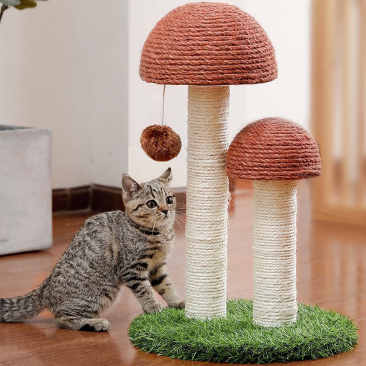19-Inch Brown Sisal Cat Scratching Post with Dual Mushroom Design for Kittens and Small Cats