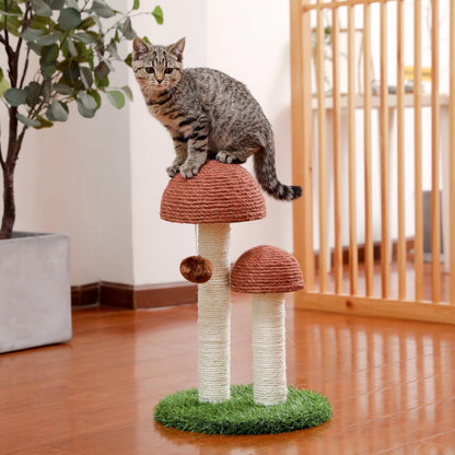 19-Inch Brown Sisal Cat Scratching Post with Dual Mushroom Design for Kittens and Small Cats