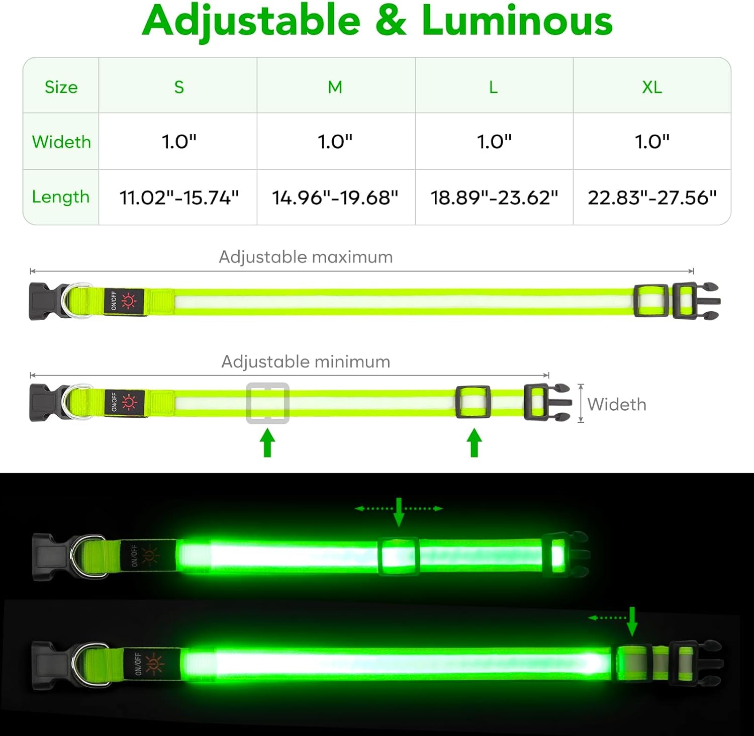 LED Dog Collar, Light up Dog Collar Adjustable Safety Glowing Collar | USB Rechargeable Super Bright Light Collars for Dogs(Small,Green)