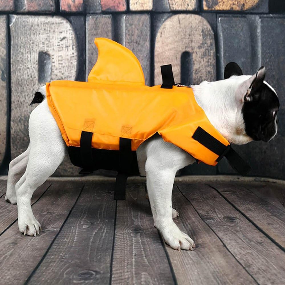 Dog Life Jacket- Preserver with Adjustable Belt, Pet Swimming Shark Jacket for Short Nose Dog Upgrade Version (Pug,Bulldog,Poodle,Bull Terrier,Samoyed,Alaskan Malamute) (XS, Orange)