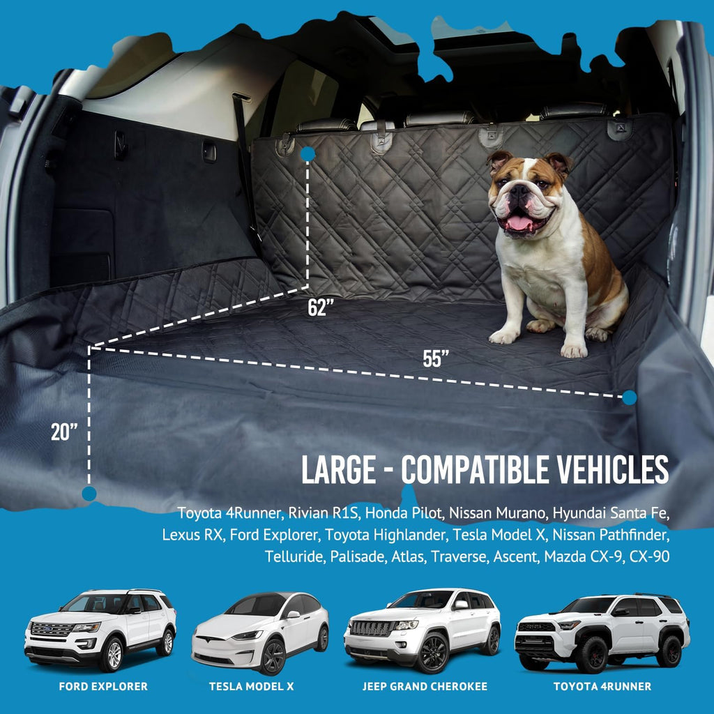 Bulldogology SUV Cargo Liner for Dogs 55"X82" Heavy Duty Pet Trunk Cargo Cover Area - Trunk Cover Car Protector for Dogs Waterproof Nonslip Mat - Dog Cargo Liner Suvs Vans Cars (Large, Black)