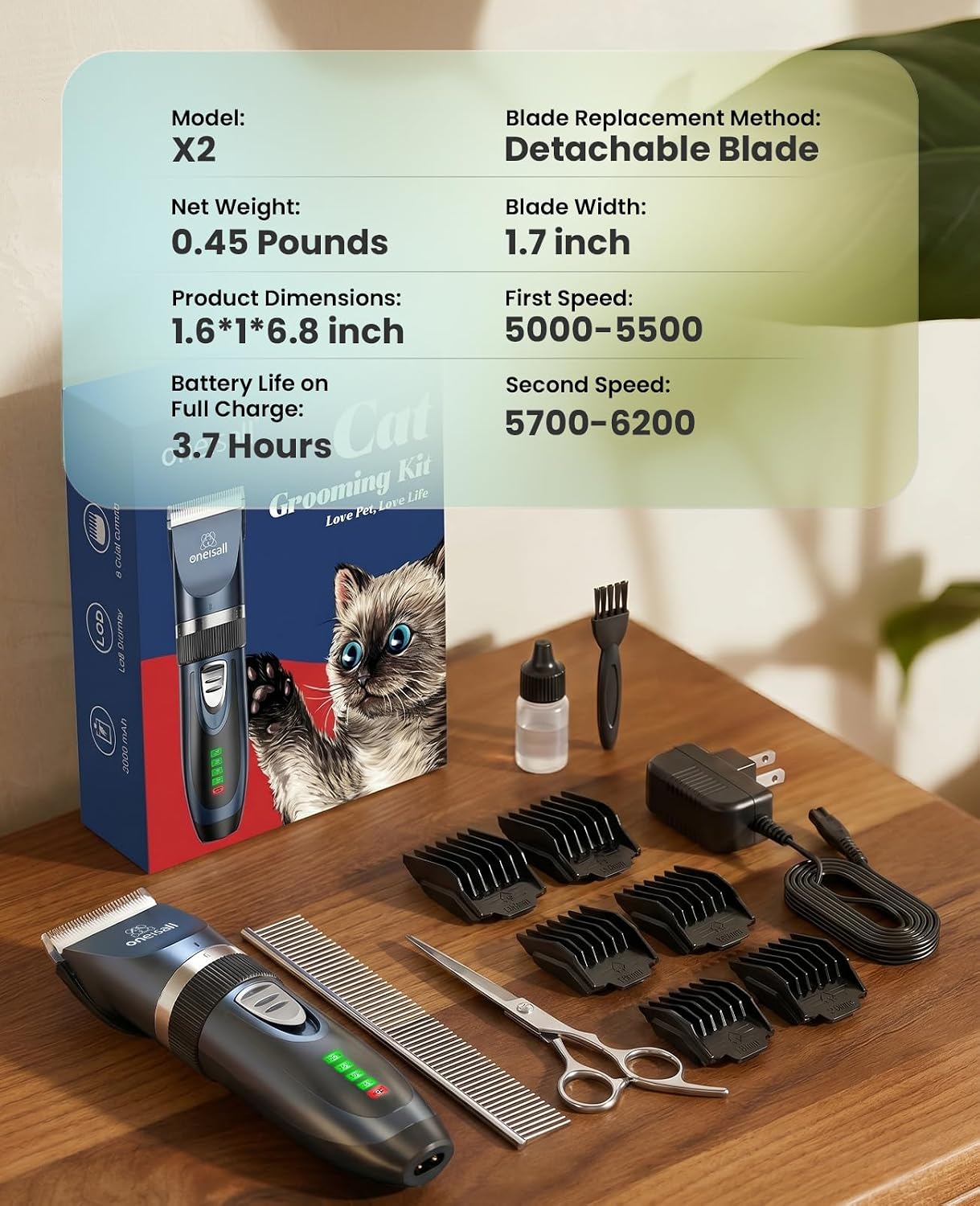 Quiet Cat Clippers for Matted Hair & Long Hair, Cat Shaver | Cordless Cat Grooming Kit, LCD Display, 6 Guard Combs, 240-Min Runtime, 2-Speed Low Noise Trimmer for Cats & Small Dogs
