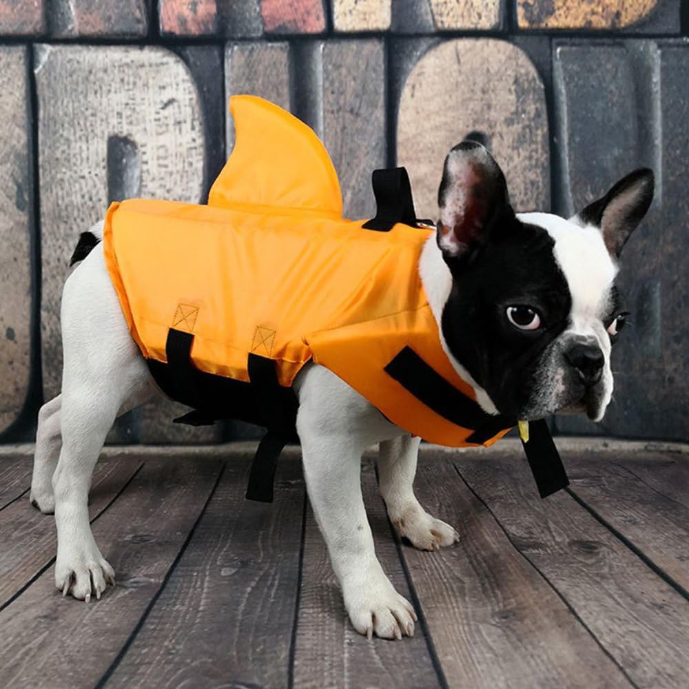 Dog Life Jacket- Preserver with Adjustable Belt, Pet Swimming Shark Jacket for Short Nose Dog Upgrade Version (Pug,Bulldog,Poodle,Bull Terrier,Samoyed,Alaskan Malamute) (XS, Orange)