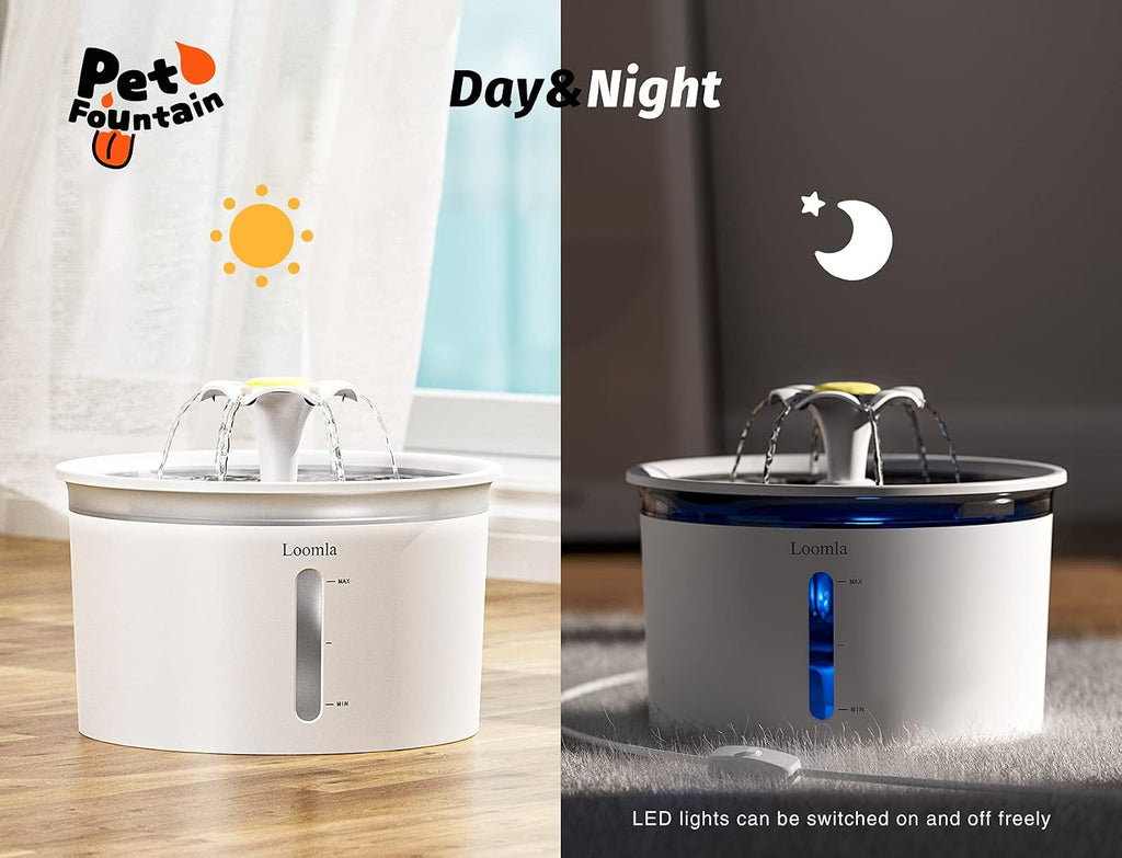 Cat Water Fountain, 85Oz/2.5L Pet Water Fountain Indoor, Automatic Dog Water Dispenser with Switchable LED Lights, 2 Replacement Filters for Cats, Dogs, Pets (White)