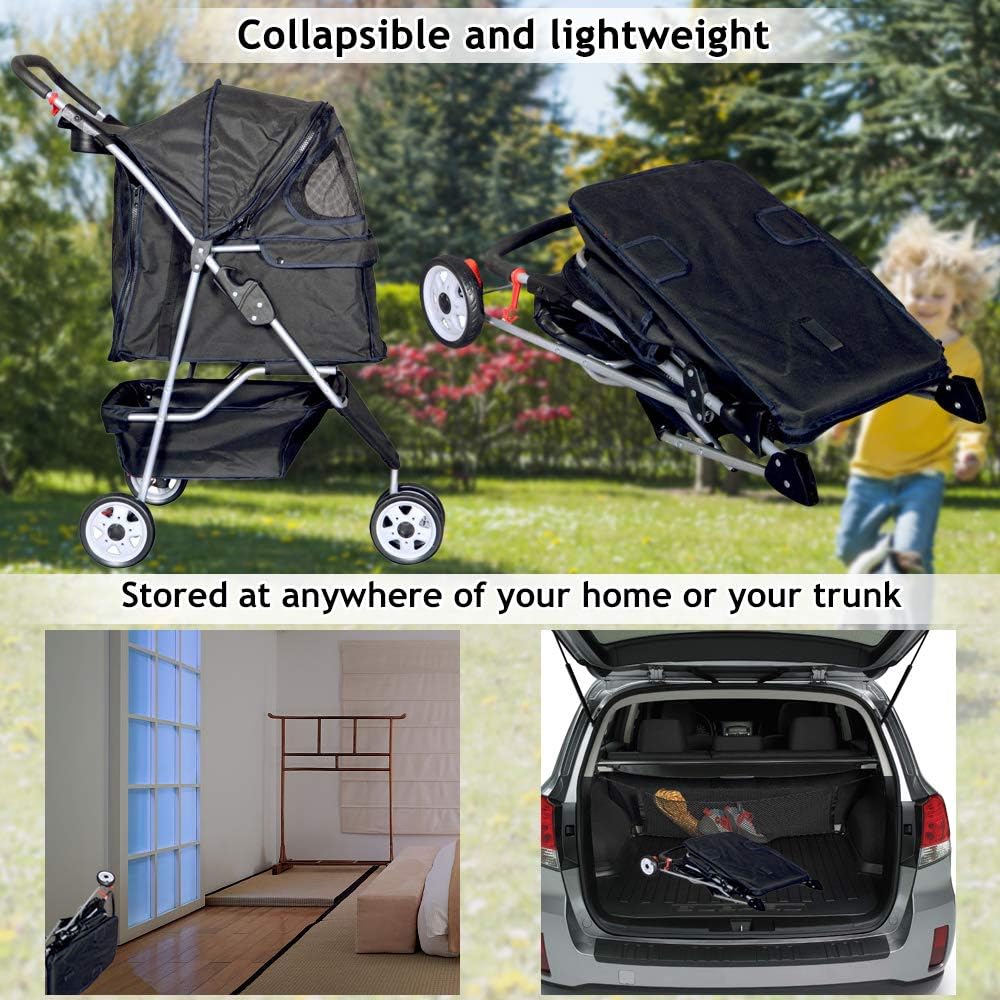 3-Wheel Pet Stroller, Lightweight Foldable Dog Stroller for Small Medium Dogs & Cats, Breathable Mesh & Weather Cover with Storage Basket, for Daily Walk Outdoor Travel (Black)
