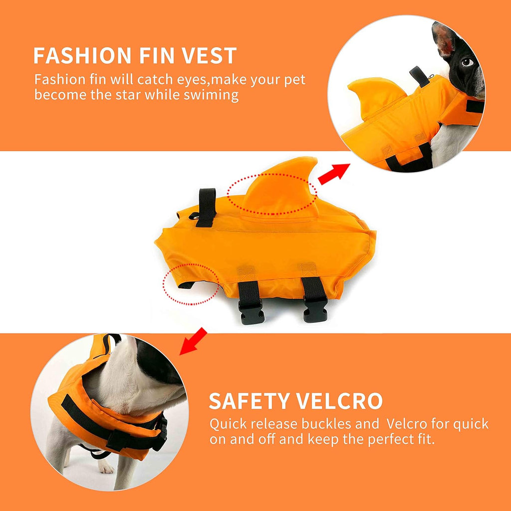 Dog Life Jacket- Preserver with Adjustable Belt, Pet Swimming Shark Jacket for Short Nose Dog Upgrade Version (Pug,Bulldog,Poodle,Bull Terrier,Samoyed,Alaskan Malamute) (XS, Orange)