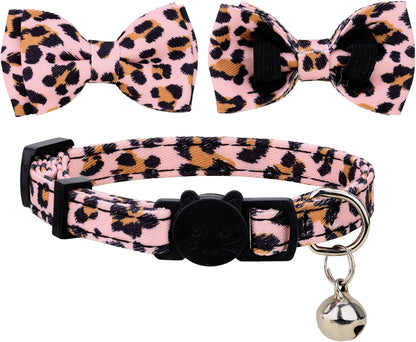 Collar for Cat Pet Breakaway with Bell Bowtie Detachable Bow Adjustable Safety Kitten Puppy Girl Boy 2Pcs Pink Leopard & Pure
