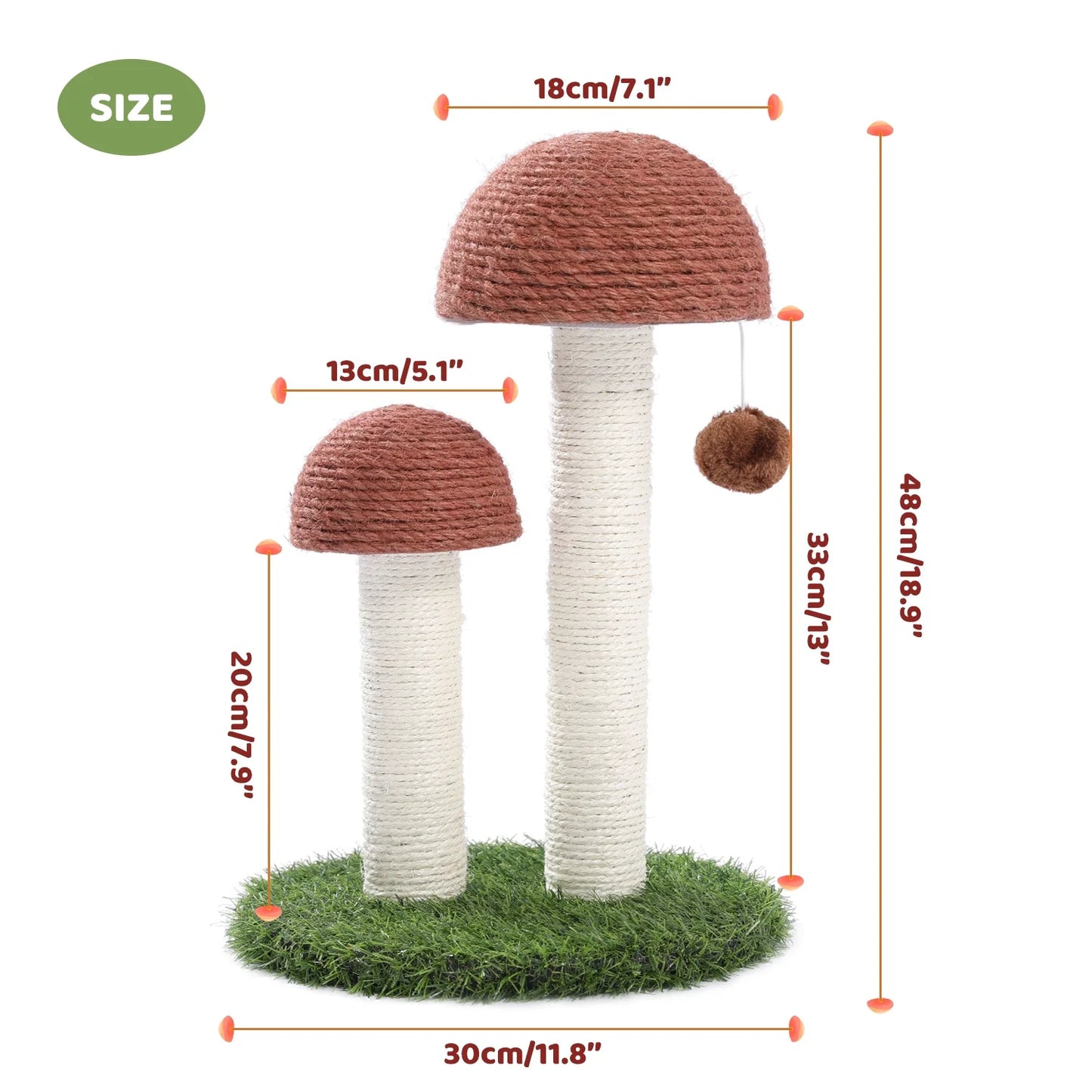 19-Inch Brown Sisal Cat Scratching Post with Dual Mushroom Design for Kittens and Small Cats