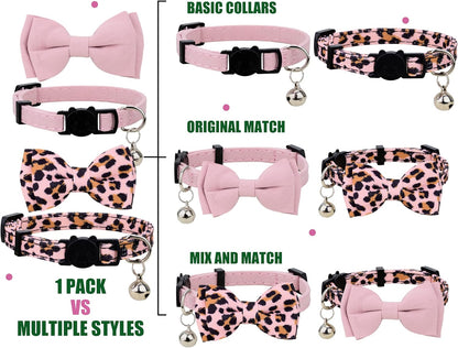 Collar for Cat Pet Breakaway with Bell Bowtie Detachable Bow Adjustable Safety Kitten Puppy Girl Boy 2Pcs Pink Leopard & Pure