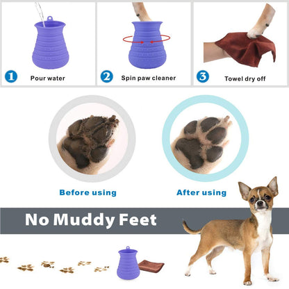 Dog Paw Cleaner Cup with Towel - Portable Pet Foot Washer and Grooming Brush for Dogs and Cats (Purple)