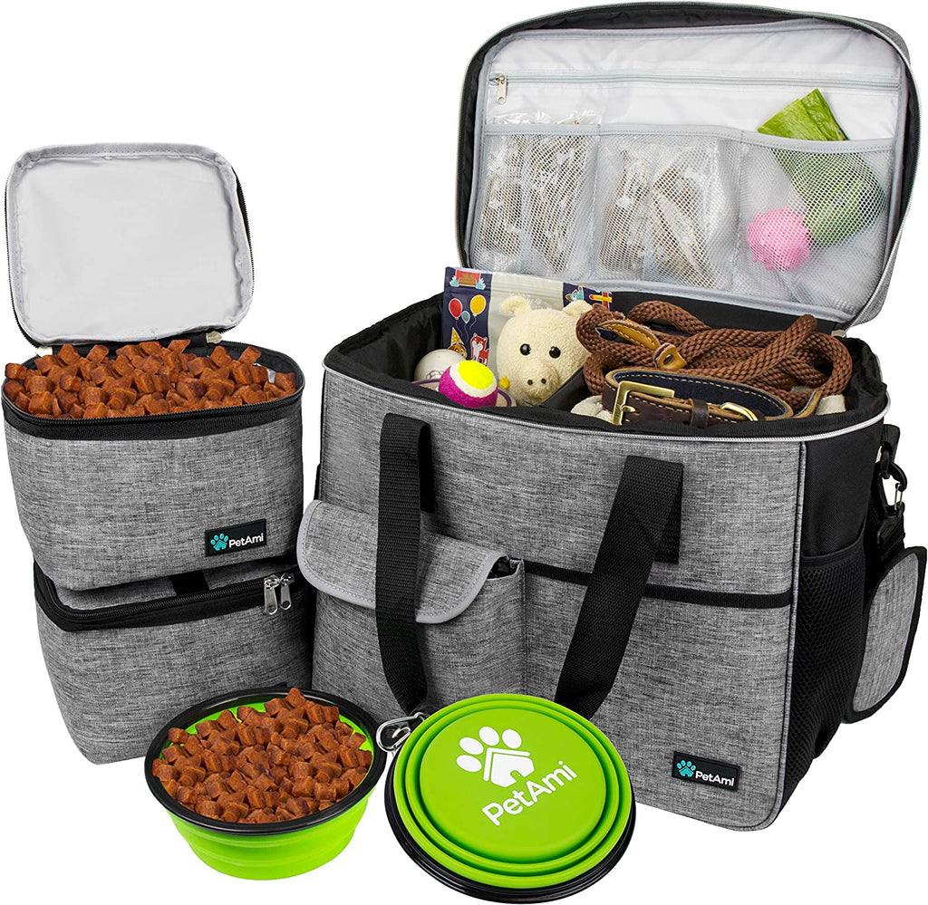 Dog Travel Bag Organizer, Pet Supplies Tote Diaper Bag, Gray Large | Pet Travel Kit with 2 Food Containers & 2 Collapsible Dog Bowls, Luggage Sleeve, Weekend Getaway Road Trip Camping Essentials