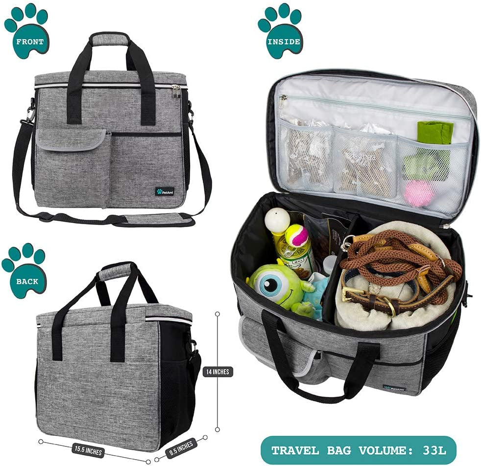 Dog Travel Bag Organizer, Pet Supplies Tote Diaper Bag, Gray Large | Pet Travel Kit with 2 Food Containers & 2 Collapsible Dog Bowls, Luggage Sleeve, Weekend Getaway Road Trip Camping Essentials