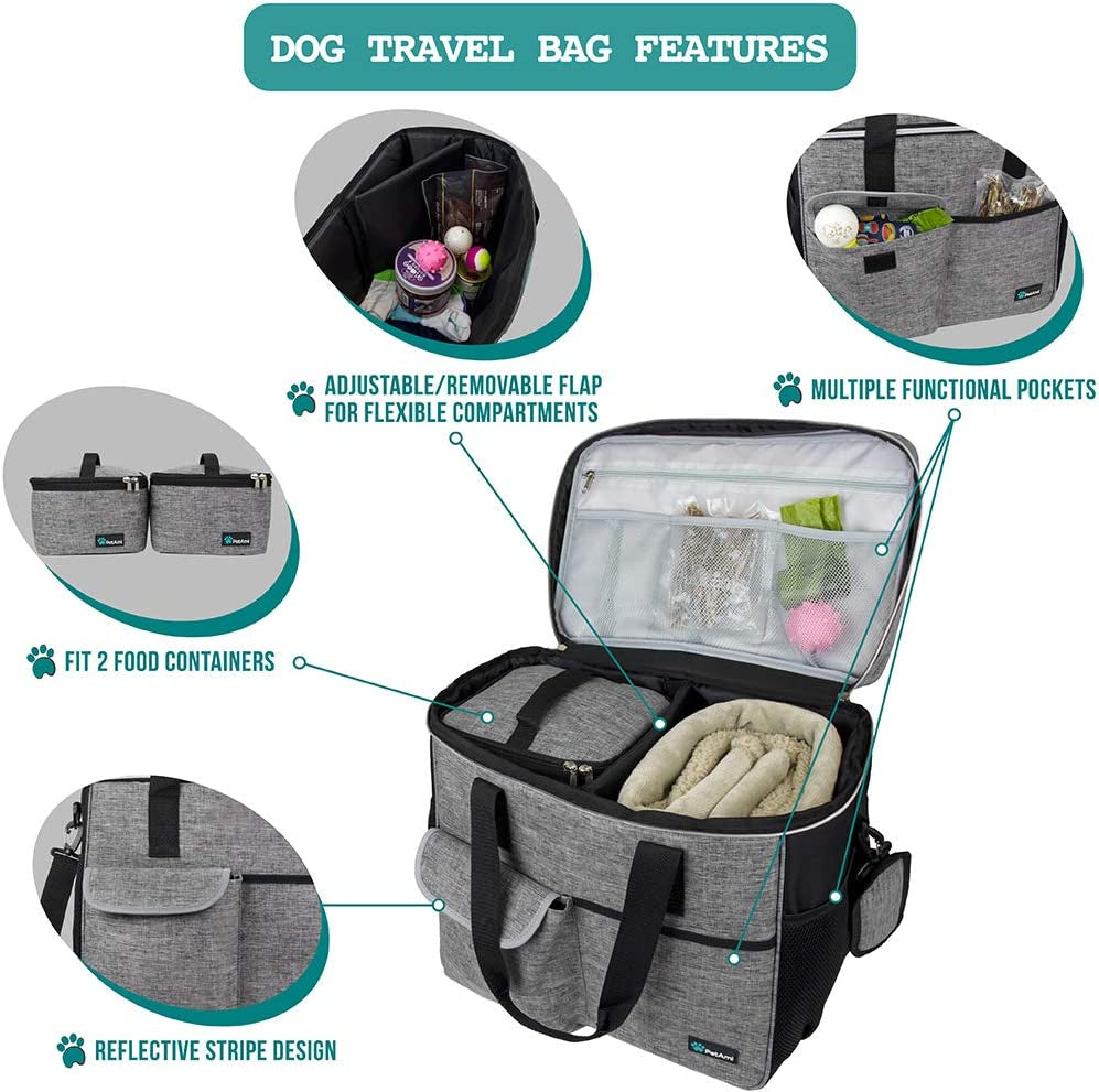 Dog Travel Bag Organizer, Pet Supplies Tote Diaper Bag, Gray Large | Pet Travel Kit with 2 Food Containers & 2 Collapsible Dog Bowls, Luggage Sleeve, Weekend Getaway Road Trip Camping Essentials