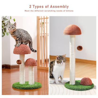 19-Inch Brown Sisal Cat Scratching Post with Dual Mushroom Design for Kittens and Small Cats
