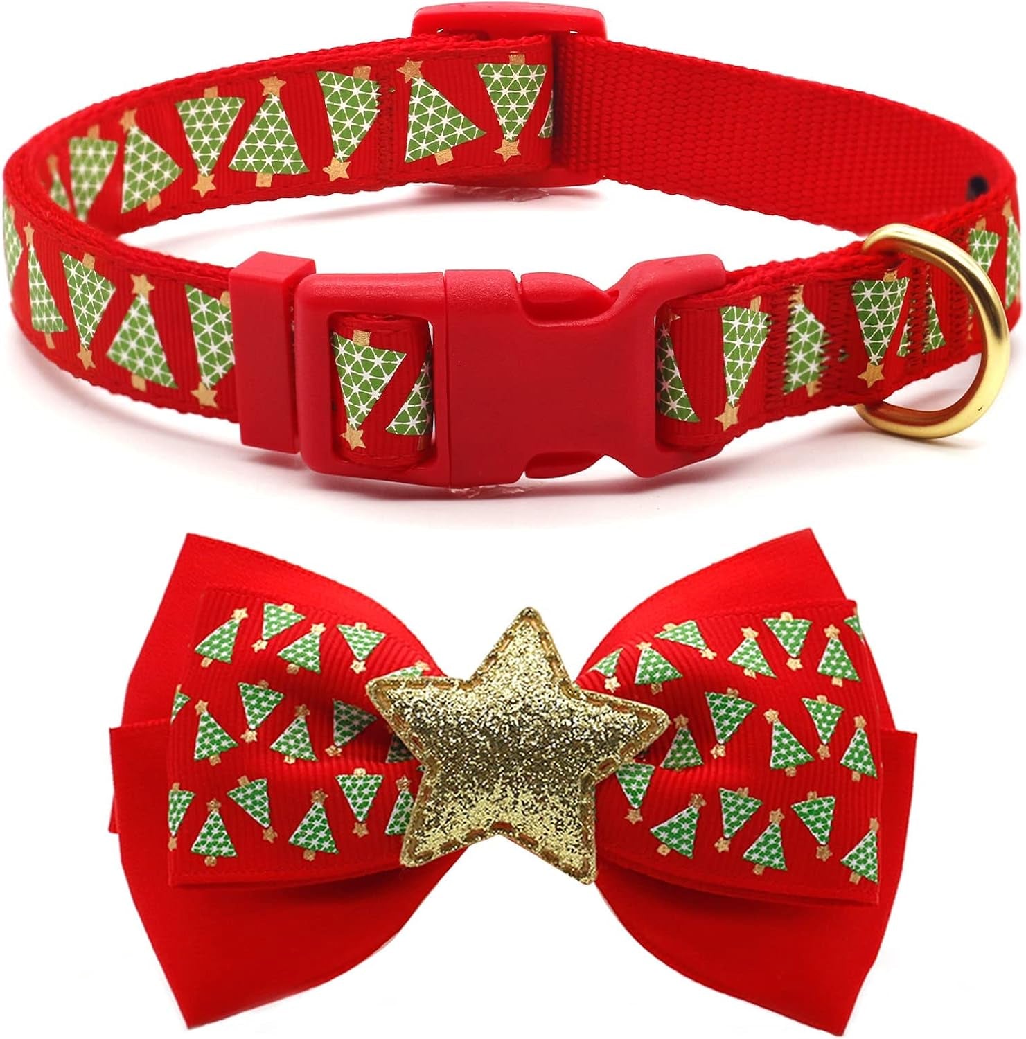 Christmas Dog Collar with Bow Tie - Adjustable Festival Green Tree Collar for Medium Dogs