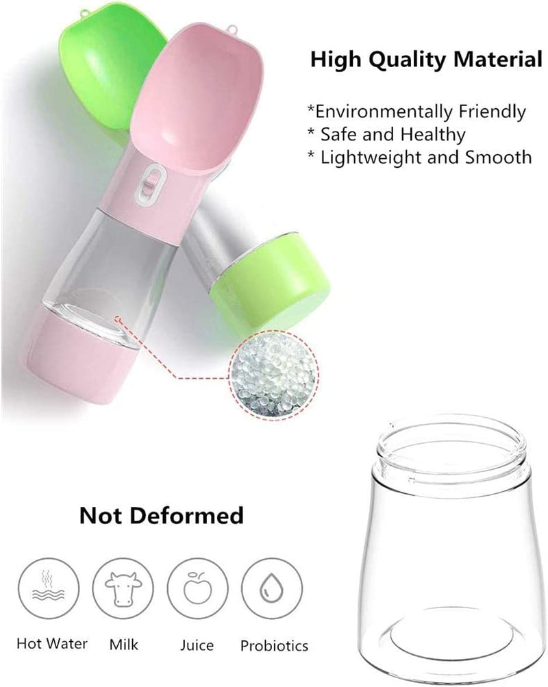 Portable Dog Water Bottle with Food Container Dishwasher Safe-Green | 3 IN1 Drinking Bottle for Pet Puppy Outdoor Walking Hiking Travel | Leak Proof Dog Water Dispenser with Bowl BPA Free
