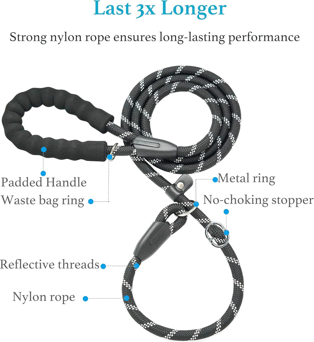 Durable Slip Lead Dog Leash, 1/2" X 4 FT, Black | Padded Handle, Reflective Threads, No Pull, Dog Training Leash