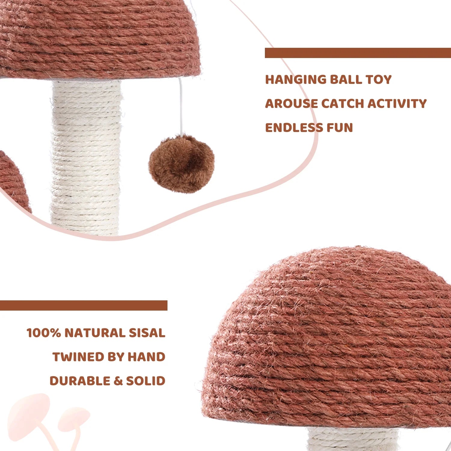 19-Inch Brown Sisal Cat Scratching Post with Dual Mushroom Design for Kittens and Small Cats