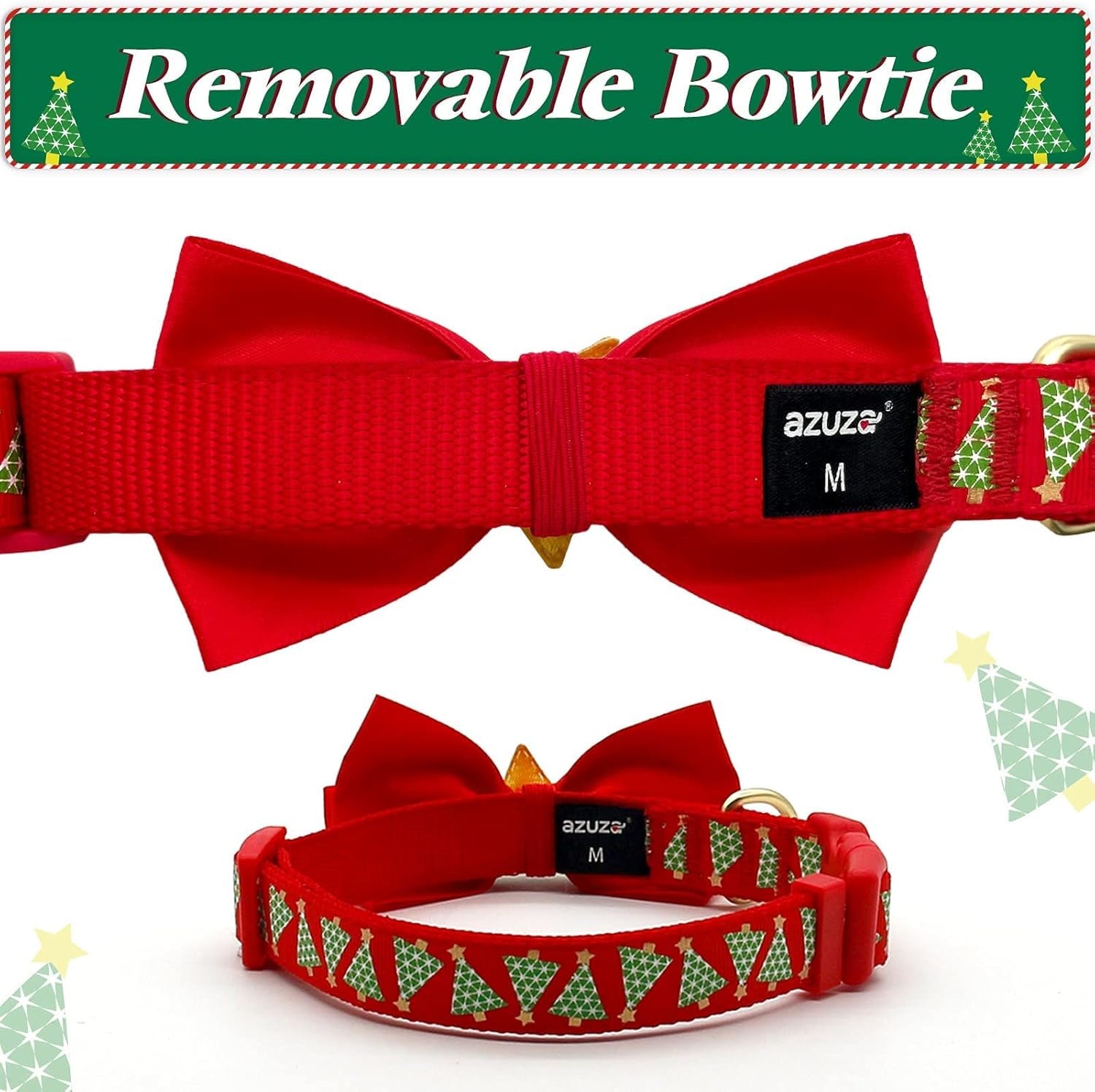 Christmas Dog Collar with Bow Tie - Adjustable Festival Green Tree Collar for Medium Dogs