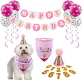 Dog Birthday Party Supplies Bandana Hat Banner Set Dog Boy Girl Cute Bow Tie Scarf Birthday Decorations (Pink with Balloon)