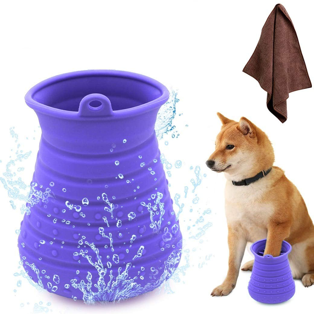 Dog Paw Cleaner Cup with Towel - Portable Pet Foot Washer and Grooming Brush for Dogs and Cats (Purple)