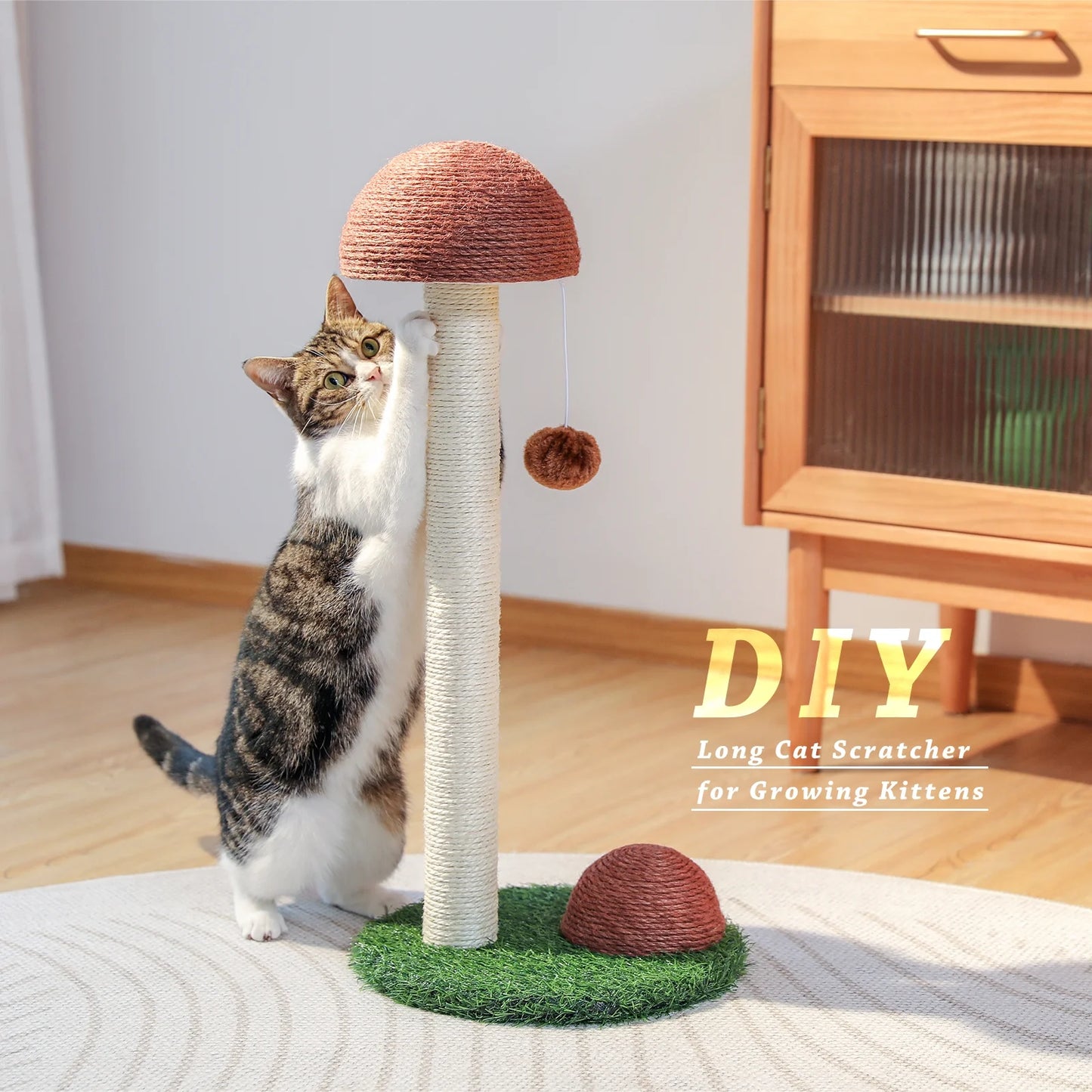 19-Inch Brown Sisal Cat Scratching Post with Dual Mushroom Design for Kittens and Small Cats
