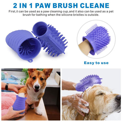 Dog Paw Cleaner Cup with Towel - Portable Pet Foot Washer and Grooming Brush for Dogs and Cats (Purple)