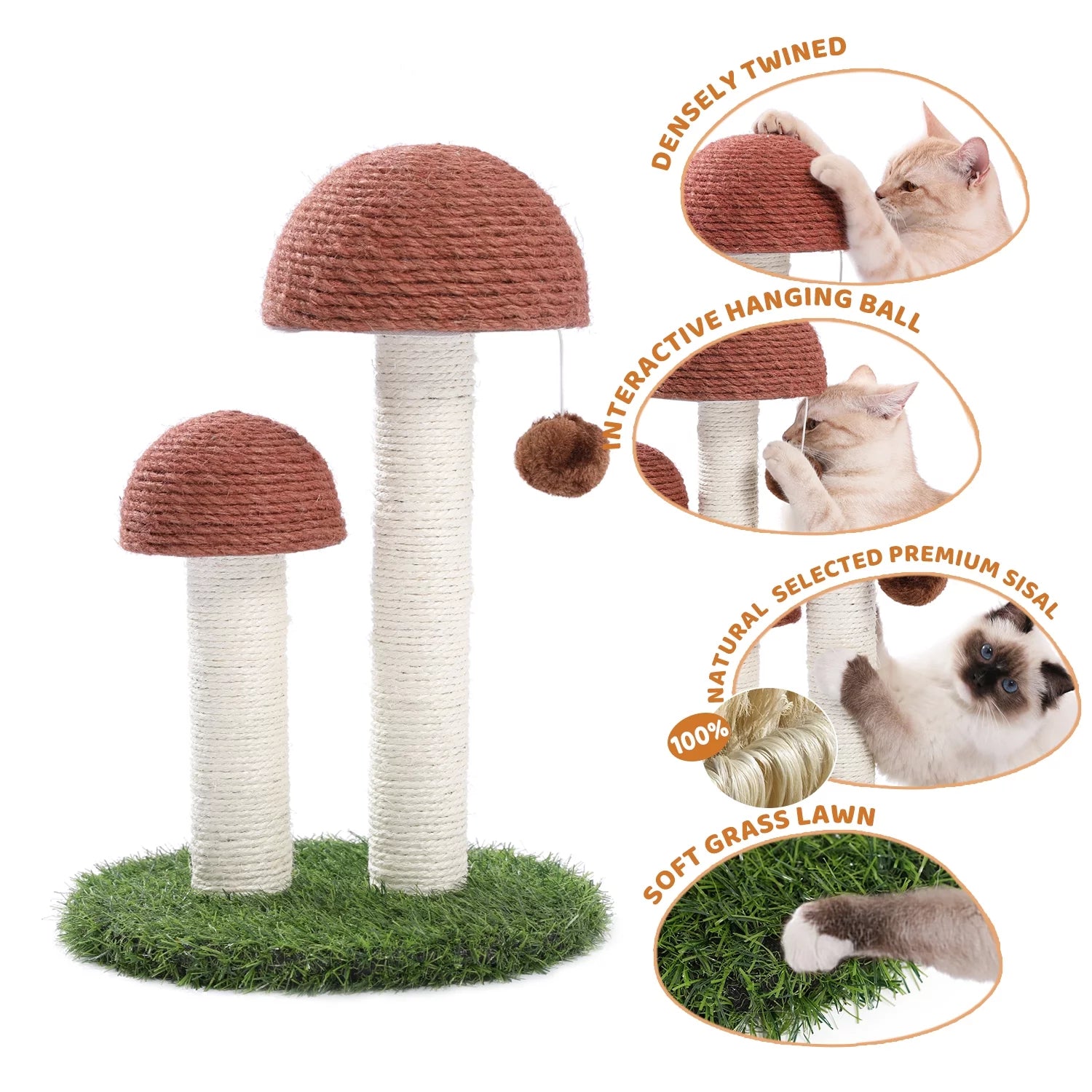 19-Inch Brown Sisal Cat Scratching Post with Dual Mushroom Design for Kittens and Small Cats