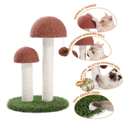 19-Inch Brown Sisal Cat Scratching Post with Dual Mushroom Design for Kittens and Small Cats