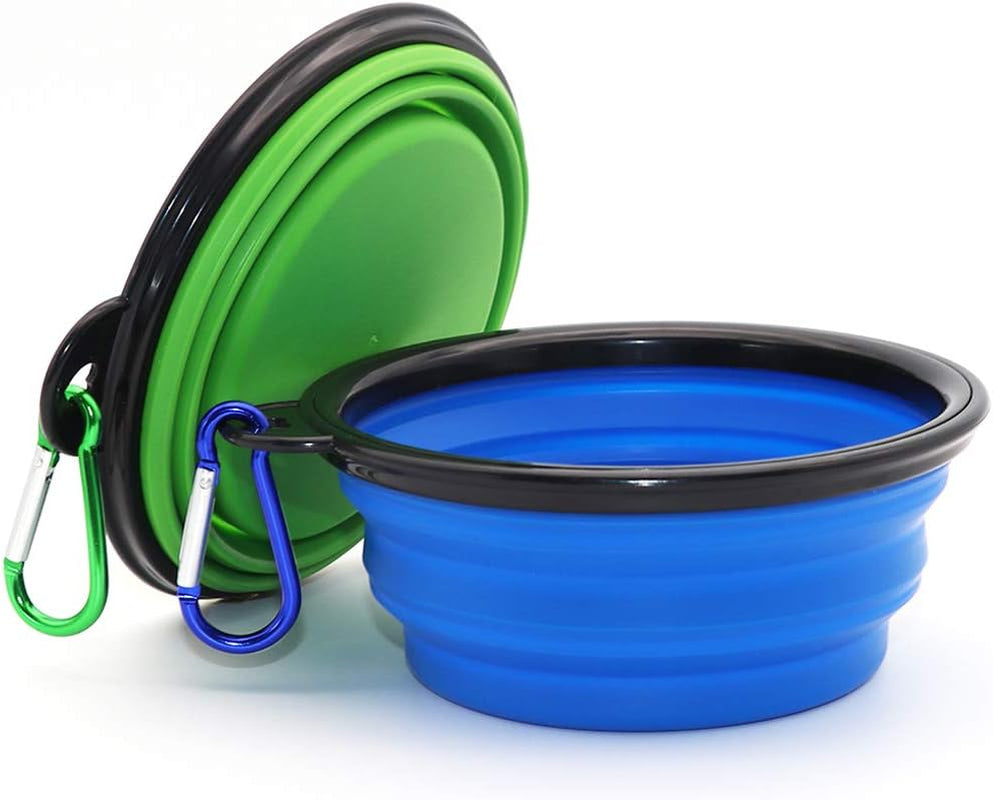 2-Pack Portable Collapsible Dog Bowls - Foldable Expandable Pet Feeding Dishes for Cats and Dogs in Blue and Green
