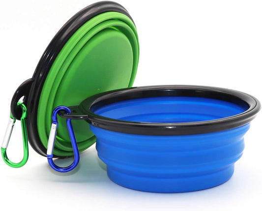 2-Pack Portable Collapsible Dog Bowls - Foldable Expandable Pet Feeding Dishes for Cats and Dogs in Blue and Green