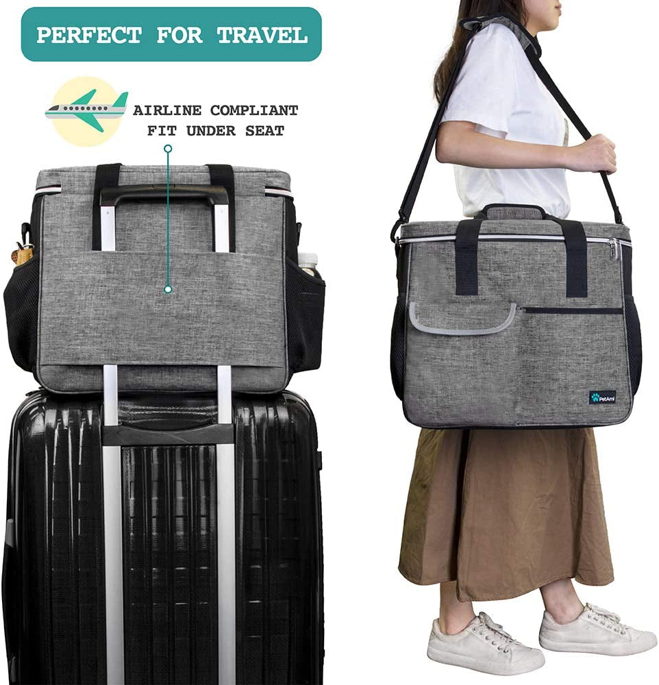 Dog Travel Bag Organizer, Pet Supplies Tote Diaper Bag, Gray Large | Pet Travel Kit with 2 Food Containers & 2 Collapsible Dog Bowls, Luggage Sleeve, Weekend Getaway Road Trip Camping Essentials