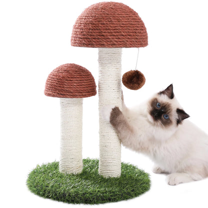 19-Inch Brown Sisal Cat Scratching Post with Dual Mushroom Design for Kittens and Small Cats