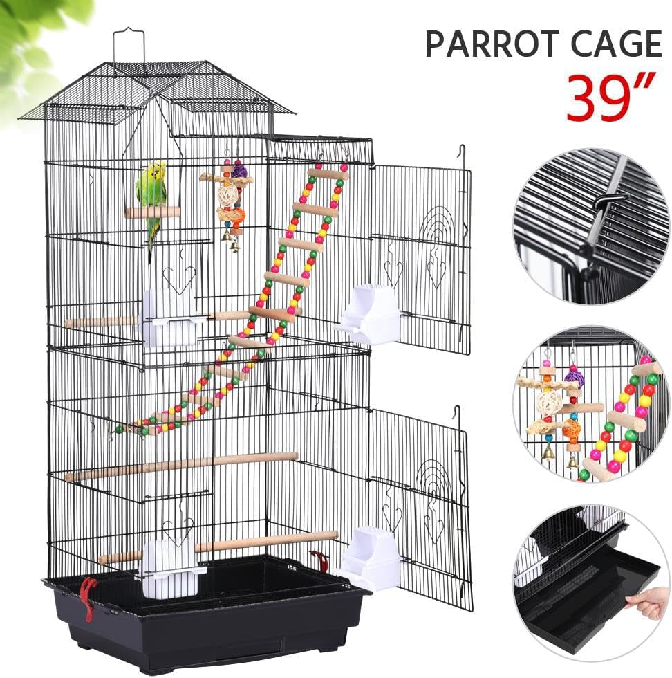 Yaheetech 39" Roof Top Flight Cage with Toys, Wrought Iron Bird Cage for Cockatiels, Conures, Lovebirds, Budgies & Small Birds